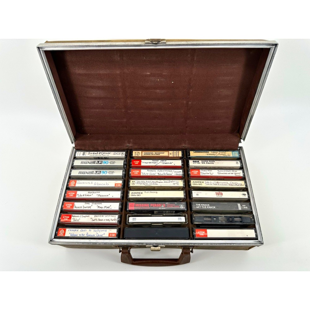 Brown Audio Cassette Tape Storage Carry Case and Tapes Lot of 24